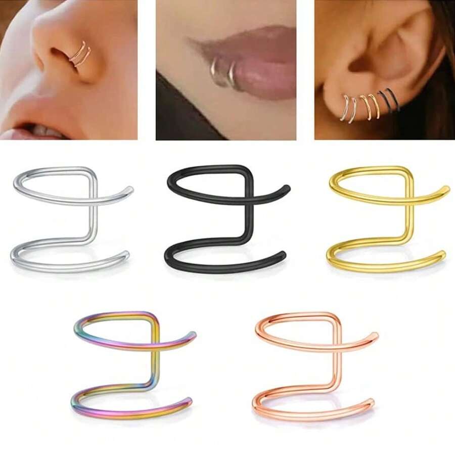 5入組女士假穿孔鼻環唇環耳環不銹鋼非穿刺鼻夾身體鏈 - 彩色 - 查看 1