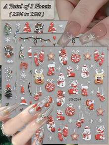3/6/12/24 张圣诞美甲贴纸，5D 自粘圣诞指甲贴花，带雪花、圣诞树、圣诞帽、拐杖糖、礼物和铃铛图案，冬季节日派对美甲装饰用品