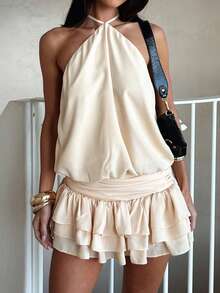 Women's Summer Mini Dress Plain Halter Neck Backless Layers Ruffle Hem Mini Dress A Line Going Out Dress - White - View 9