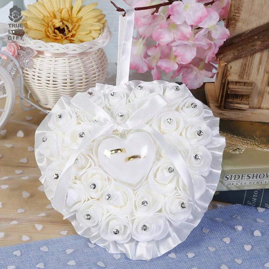 1pc Wedding Ring Pillow (Free Random Style Ring) Heart Shape Wedding Ring Box Pillow Cushion With Ribbon Pearl Lace Crystal Rose Wedding Ceremony Ring Holder For Ceremonies