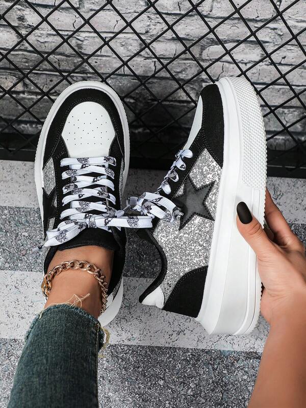 أحذية تزلج يونيسكس مريحة للنساء مزينة بنجوم من الترتر الأسود والأبيض، قطعة مفرغة من الدوبامين، مع ربطة، مناسبة للمشي والاستخدام اليومي والأعمال والتنزه