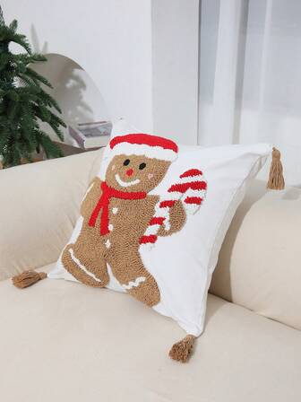 1 Funda de almohada bordada con persona de galleta navideña, decoración de atmósfera para sofá de sala de estar, funda de almohada para dormitorio