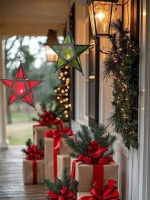 1 Piece Metal Star Tealight Candle Holder, Chinese Flowering Crabapple Design Multi Color Glass Home Decor Hanging Lantern, Suitable As A Home Decoration Hung By The Windows In The Corridor, Garden Decor, Living Room Decor, Christmas Decorations, Christmas Ornaments,Christmas Hanging Star Candle Holder For Holiday Decor