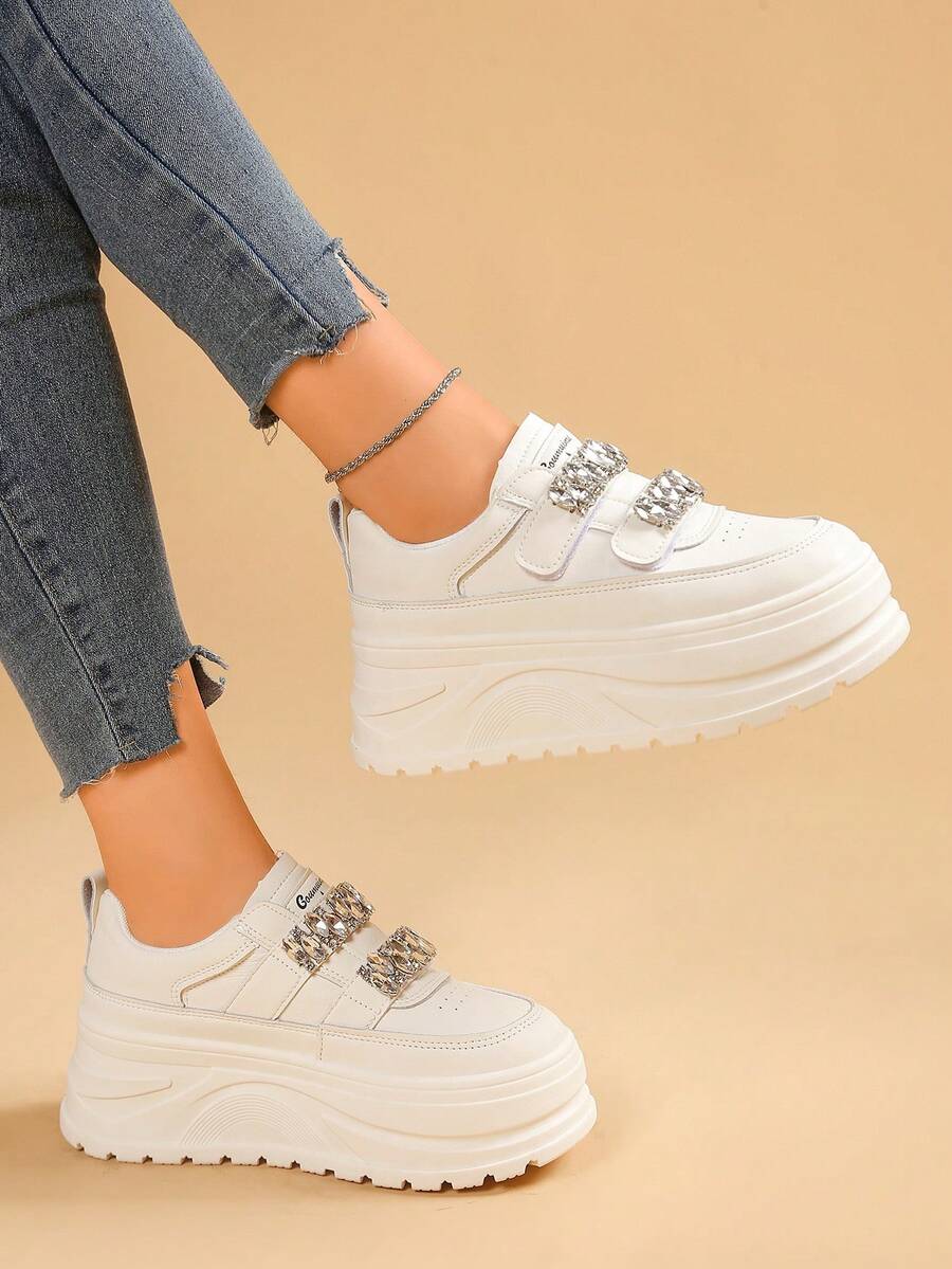 女式厚底坡跟运动鞋，新款水钻钩环休闲白鞋，学生百搭鞋 - 白色 - 查看 1