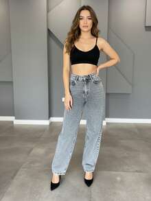 Damen Lässig Lang Weite Bein Jeans mit Schnurrbart Stickerei, Reißverschluss & Knopfverschluss, geeignet für formelle Abendgarderobe