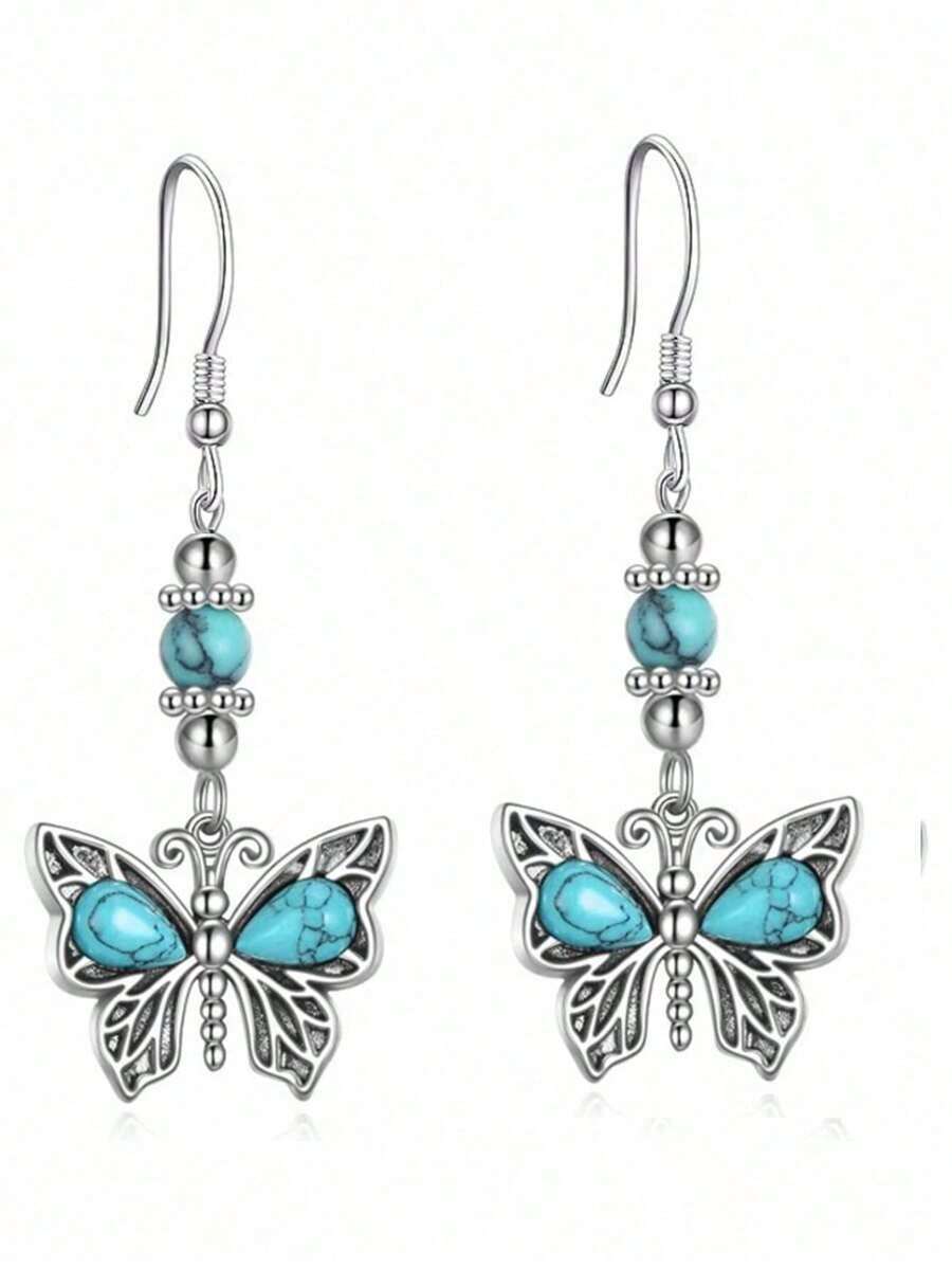 1 Pair Of Bohemian Turquoise Inlaid Butterfly Pendant Earrings-Elegant Alloy Jewelry For Women Summer Beach Jewelry - 綠松石色 - 查看 1