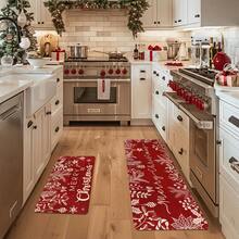 1/2 pezzi Tappeti da pavimento natalizi, sfondo rosso classico con decorazioni di rami e motivi floreali, decorazione per atmosfera natalizia, tappeti da cucina, decorazione per la stanza, perfetti per sala da pranzo, corridoio, bagno, camera da letto e ingresso - Multicolore - Visualizzare 12