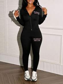 2pcs Plus Size Women Fashion Hooded Long Sleeve Zip-Up Letter Print Jacket And Leggings Set Black Spring Elegant - Black - View 4