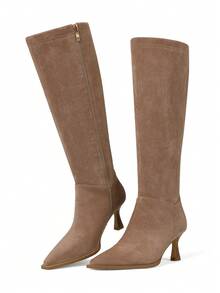 Knee High Heeled Long Boots For Women Fashion Pointed Toe Kitten Heels Mid-Calf Boots With Side Zipper Easy Comfy Fall Winter Shoes Women's Formal Long Boots  - 棕色麂皮 - 查看 2