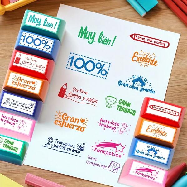 Kit de 12/8/5 en español, sello de idioma, sello de retroalimentación para fomentar el ánimo positivo, corrección de tareas en el aula, incentivo de actitud y progreso de aprendizaje, regalo para maestros, útiles escolares con bandeja de almacenamiento, aprendizaje de español en cursos obligatorios, Chile, México, sello de lengua materna