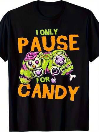 Camiseta de Halloween para hombres - Solo hago una pausa en los dulces, diseño de videojuegos espeluznantes, negra con impresión naranja, ajuste cómodo, tela suave y transpirable, top casual de manga corta para uso en verano y todo el año, ropa festiva, diseño juguetón, material elástico