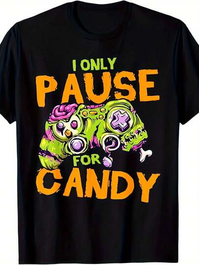 Herr Halloween-gamertröja - I Only Pause Candy Spooky Video Game Design, svart med orange tryck, bekväm passform, andningsbart mjukt tyg, avslappnad kortärmad topp, sommar- och året runt-kläder, festliga kläder, lekfull design, stretchigt material