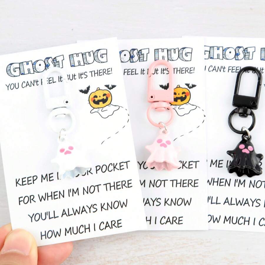 1/3pcs Set Cute Ghost Keychain Set With Halloween Greeting Card, Suitable For Bag Decoration, Halloween Atmosphere Gift, Party Gift, Fun Gift