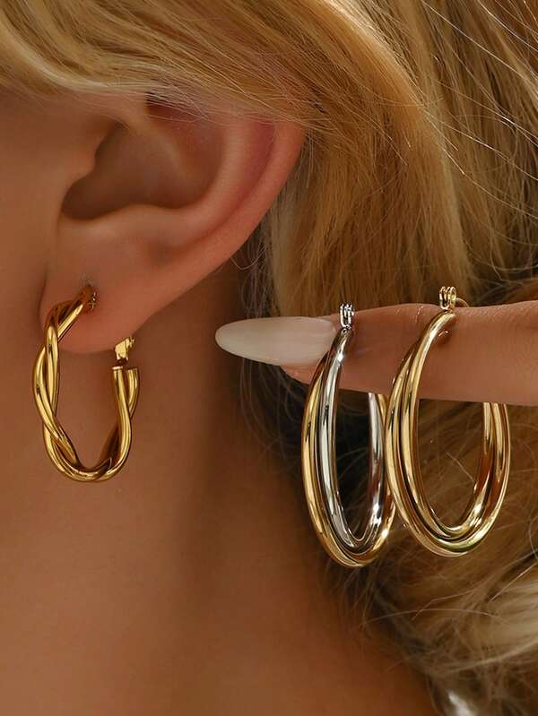 1 par de brincos de argola trançados bicolores de aço inoxidável estilo europeu e americano, feitos à mão, para mulheres, adequados para encontros, festas, banquetes, uso casual, feriados e presentes