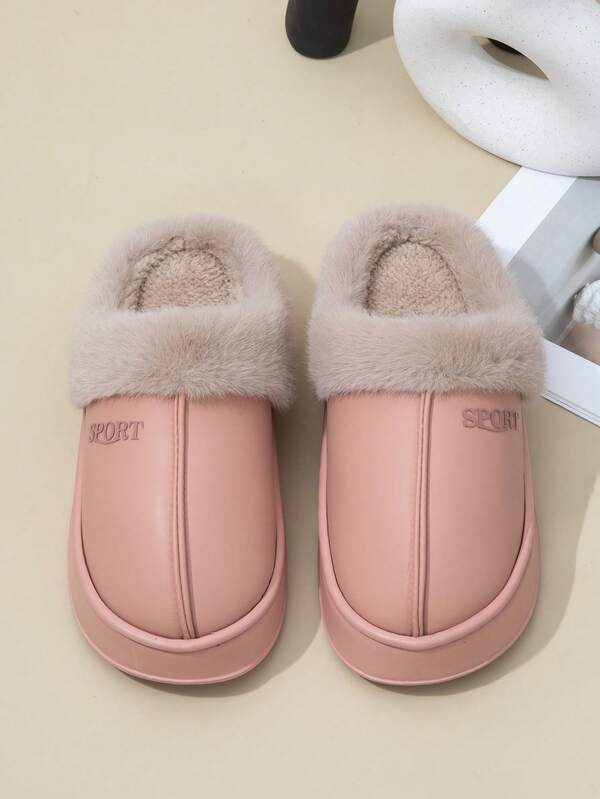 New Women's House Slippers, Flocking Letter Connecting Craft, Long Plush Patchwork Design Fabric Plush Lining EVA Outsole, Warm, Lightweight And Comfortable For Winter