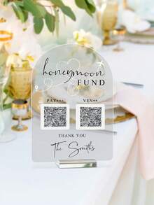 客製化蜜月基金 QR Code 拱門可掃描 QR Code 婚禮標牌 個性化壓克力婚禮桌飾標牌 個性化情侶儲蓄桌標牌 適用於婚禮、派對與生日，美學婚禮裝飾 - 彩色 - 查看 4