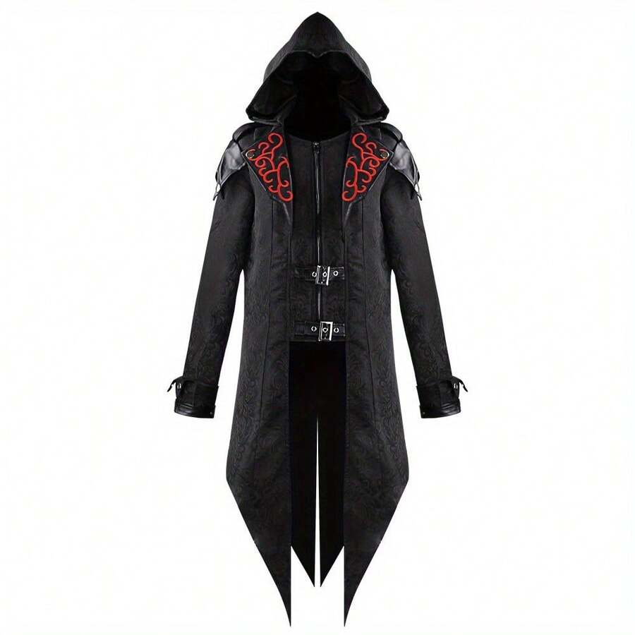 Men'S Gothic Medieval Halloween Costume Jacket - Dark Red Patchwork With Black Hood, Metallic Accents, And Adjustable Straps For Cosplay And Dress-Up, Halloween Costume | Hooded Jacket | Patchwork Design - 黑色 - 查看 1