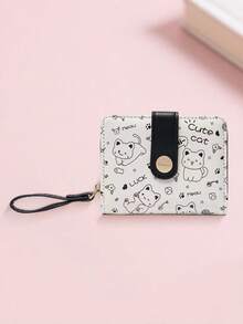 New Korean Style Folding Buckle Short Women's Wallet, Japanese Cute Cat Cartoon Integrated Card Holder, Student Bag, Zipper Coin Purse Wallet - màu đen - Xem 2