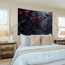 [Gothic Plum Blossom Tapestry] Vibrant Gothic Plum Blossom Polyester Tapestry - Cherry Red Flowers On Dark Background,  Elegant Wall Hanging For Living Room, Bedroom, Office Decor - 彩色 - 查看 3