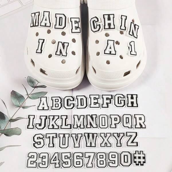37pcs Black & White Letter Series Shoe Charms, Suitable For Slippers & Sandals, PVC Shoe Decoration Accessories, Unisex, Christmas, Birthday, Party Gifts