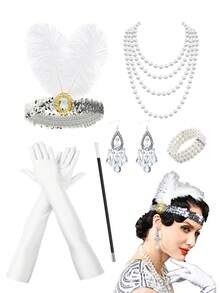 D EXCEED 2/5/6件套 1920年代女士时尚配饰套装 – 复古发箍、人造珍珠项链、耳环、手镯、手套 – 适合盖茨比主题派对、复古婚礼招待会 - 彩色 - 查看 14