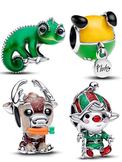 1 Stück Mode Chamäleon, Pluto Pfote, Foodie Rentier, Weihnachts-Elf Perlenanhänger, kupferplattierter dicker Silberperlen Dekor, vielseitiges DIY Armband Halskette Cartoon Kleingeschenk