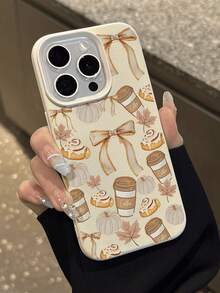 1pc Fashion Personalized Autumn Bow Coffee Pattern Waterproof Anti-Fall Anti-Slip Litchi Texture Soft Phone Case Protective Cover Compatible With Apple, And Phones