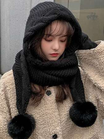 Gorro de punto con bufanda para mujer, lindo protector de orejas con pompón, grueso y cálido, versátil para otoño/invierno