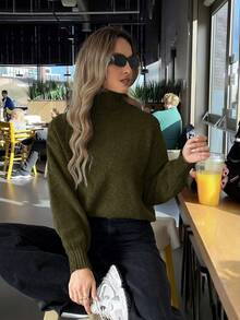 FOR BEAUTY Áo len dệt kim nữ dáng ôm nhẹ, cổ cao, tay dài, họa tiết sọc nhỏ, phong cách cổ điển thường ngày công sở - Xanh quân đội - Xem 3