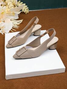 1 Pair Of Women's High-Heeled Sandals With Buckle Decoration, Pointed Toe, Light Opening, Solid Color Thick Heel, Casual Large Size, Breathable Fabric High Heels - 深杏 - 查看 4