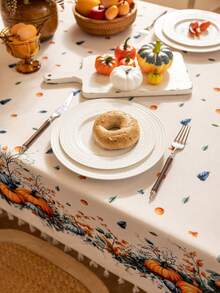 1pc Happy Thanksgiving Day Rectangular Tablecloth, Blue & Yellow Pumpkin Print, 3D Bamboo Texture, Beige Tassel Fringe, Washable, Coffee Table/Round Table Cover, Dining Table Decor, Home Decor, Suitable For Dining Room, Meals, Gatherings, Parties And Holiday Events, Autumn Decor, Thanksgiving Decor, Harvest Festival Gift - Blue and Yellow Pumpkins On Both Sides - View 12
