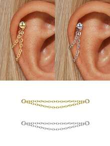 1pc 18K Gold Plated 4 Prong Inlaid Zirconia/Hypoallergenic Pierced Earring Chain Pendant Flat Back Cartilage Helix Piercing Fine Jewelry Suitable For Daily Wear Wedding Party Engagement Anniversary Valentine's Day - Multiple Styles - View 7