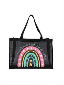 大容量时尚网眼手提包，带字母装饰，适用于海滩度假存储和购物，适合青少年女孩女大学生，教师节礼物，节日礼物，送给妈妈的礼物，彩虹图案设计，书包，便携，大容量，适合青少年女孩女大学生，非常适合办公室、大学、中学、高中、工作、商务、通勤、办公室、海滩，送给老师的最佳礼物，感谢老师的礼物 - 黑色 - 查看 16