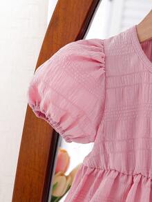 女婴可爱纯色圆领泡泡袖A字公主裙，舒适优雅，适合居家、日常穿着、外出、春夏季 - 粉色 - 查看 5