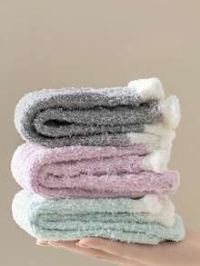 1/2/3/4/5/6/7/8 Pairs Women Autumn/Winter Coral Fleece Contrast Color Cuff Comfortable Warm Sleep Socks, Cozy Socks - Multicolor - View 2