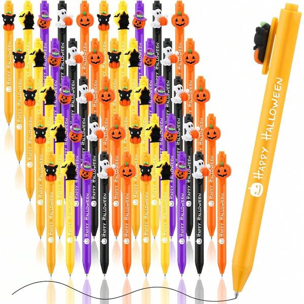5pcs Halloween Themed Ballpoint Pens, Black Gel Ink, Cute Cartoon Design, Suitable For Office, Party Favors, School, Halloween Gifts (Classic, Pumpkin)