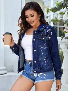 Chaqueta Vaquera con Estampado de Tinta Arrojada, Estilo Individual y Trendy - Azul - Ver 2