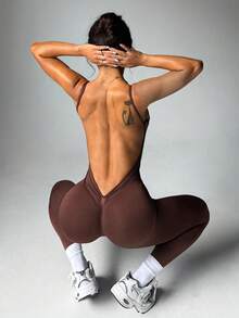 Mono deportivo de unicolor sin espalda y sin mangas, sin costuras, para verano - Café integral - Ver 6