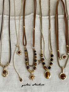 1pc Vintage Brown Stone Bead Pendant Necklace, Gold Plated Chain Layered Metal Necklace, Autumn/Winter Sweater Jewelry, Gift For Women - Multicolor - View 4