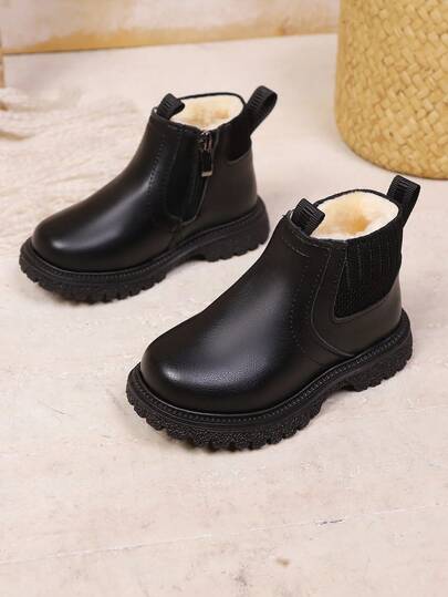 Kids Winter Warm Thermal Lined Boots, Simple British Style Side Zipper Boys Girls Thick Sole Ankle Boots