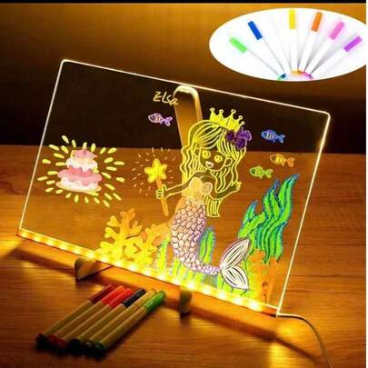 亚克力LED发光白板，带支架，可作为发光留言板使用，配有7色笔，适用于办公室、学校、家庭。