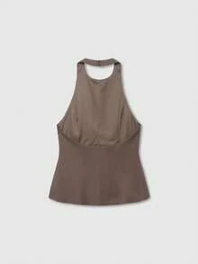 Blusa de verano de mujer con cuello redondo, sin mangas, bajo con volantes y cuello halter de parches de unicolor - Marrón - Ver 2