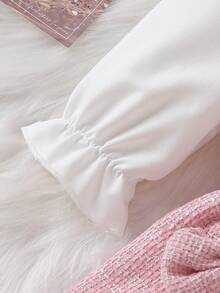 2pcs Baby Girls' Fashion Cute Casual Set - Bow Decor Mock Neck Top + Bow Pleated Skirt, Pink