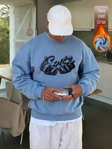 休闲印花卫衣，街头风男士宽松圆领卫衣，牛仔蓝，加厚保暖，适合春秋季穿着 - 牛仔藍 - 查看 3