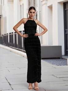 Women's Ruched Bodycon Long Dress Sleeveless Backless Solid Color Dress Cocktail Party Dress - Black - View 8