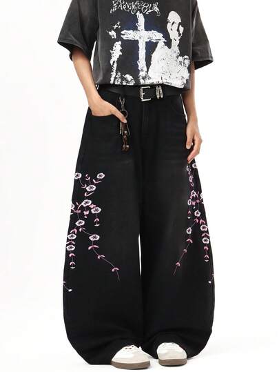 1件 Justice Brother 美式街头风男士做旧刺绣阔腿牛仔裤，休闲舒适百搭宽松版型长裤（不含腰带和配饰）