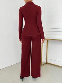 Women's Elegant Daily Commuting Solid Color Green Collar Fake Pocket Suit Jacket And Design Straight Pants Two-Piece Suit - 酒紅色 - 查看 4