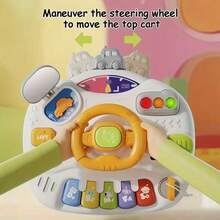 Juguete de cochecito de bebé en miniatura, volante de juguete para el asiento trasero de niños con diseño de dibujos animados, asiento de coche de simulación educativa con patas de mesa desmontables, con luz y sonido, adecuado para niños de 1 a 3 años, regalo ideal (baterías no incluidas)