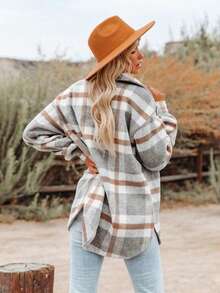 女式格子翻领口袋时尚休闲夹克外套，秋冬