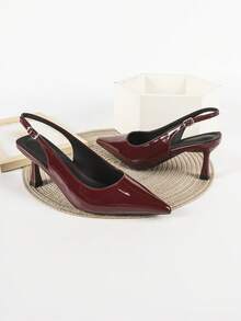 女士酒红色高跟鞋，尖头露跟高跟礼服鞋，漆皮细高跟鞋，猫跟，优雅 - 酒紅色 - 查看 3